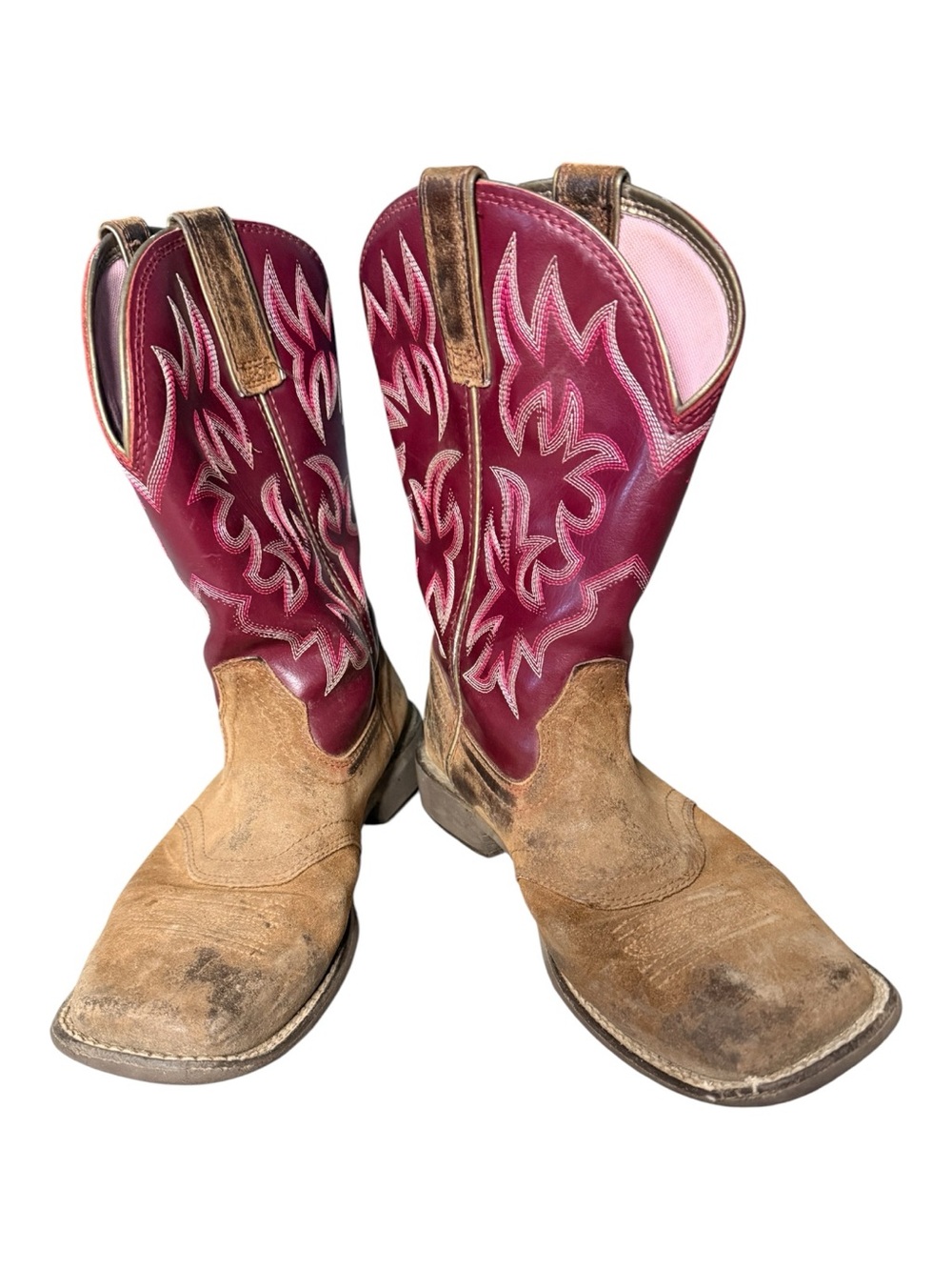 Ariat Womenβs Pink & Tan Western Cowboy Boots leather fall flannel winter cozy 9